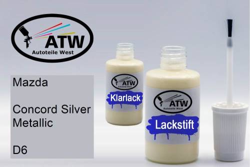 Mazda, Concord Silver Metallic, D6: 20ml Lackstift + 20ml Klarlack - Set, von ATW Autoteile West.